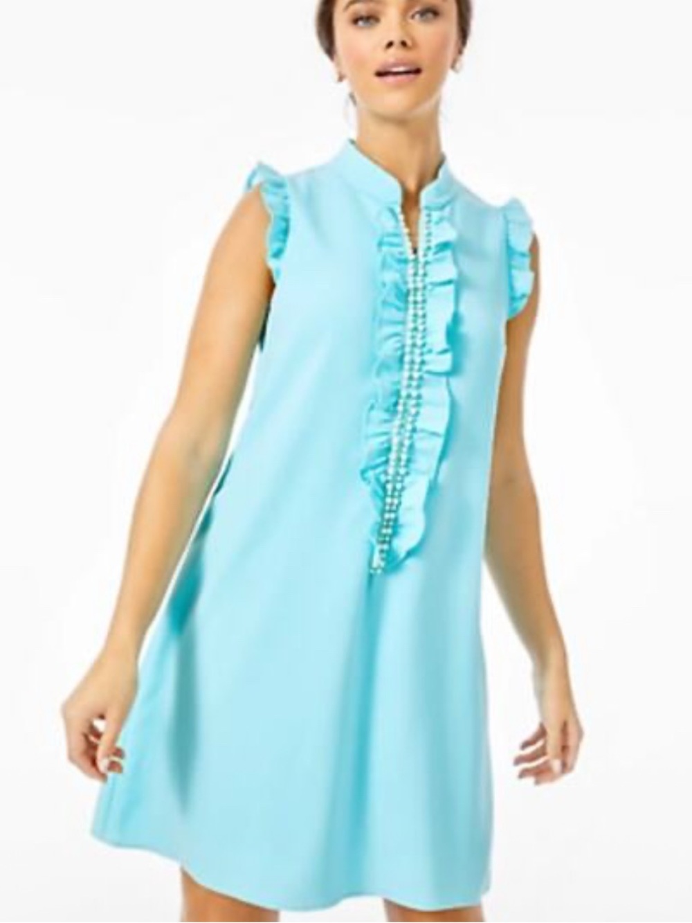 NWT Lilly Pulitzer Sleeveless Light Blue Ruffle Shift Dress with Pearl Trim